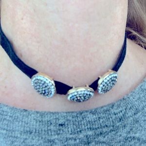 Velvet Choker w/Round Shapes & Crystal-Like Stones on Black Stretchy Ribbon